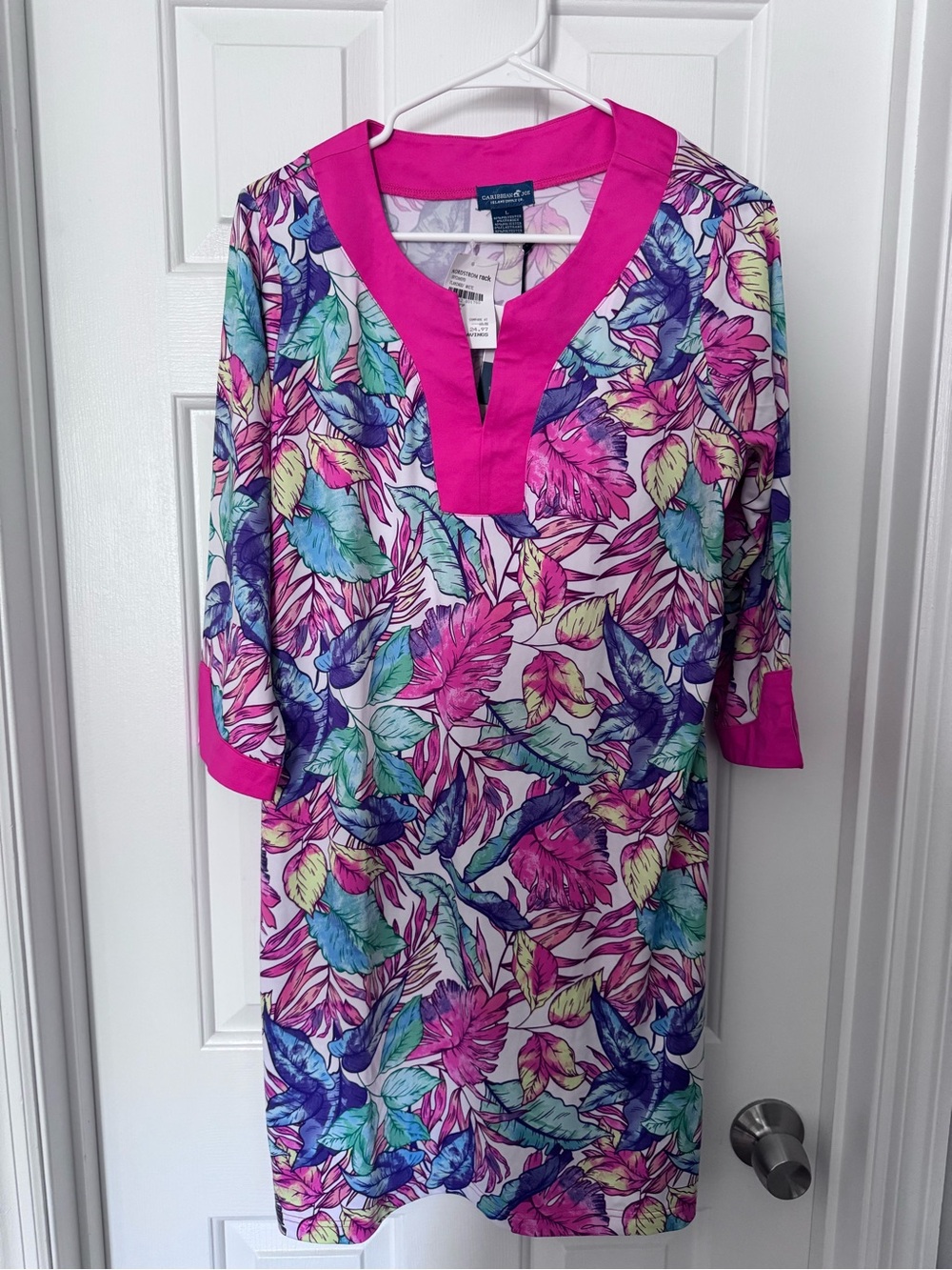 Caribbean Joe Multicolor Floral Tunic with Bright Pink Trim